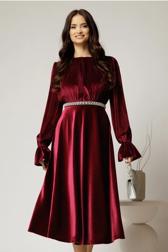 Rochie DY Fashion midi bordo din catifea cu perle pe talie