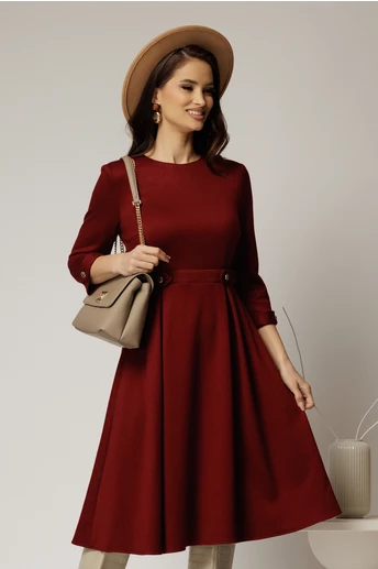 Rochie DY Fashion midi bordo din tricot cu nasturi decorativi pe talie