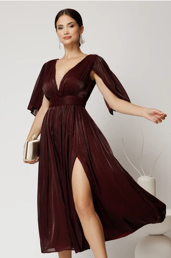 Rochie DY Fashion midi bordo din voal in clos cu aspect sidefat si maneci sparte