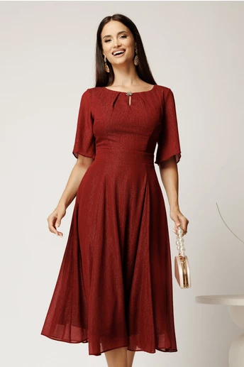 Rochie DY Fashion midi bordo din voal in clos cu fir lurex si accesoriu la decolteu