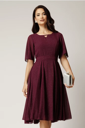 Rochie DY Fashion midi bordo din voal in clos cu glitter si cordon in talie