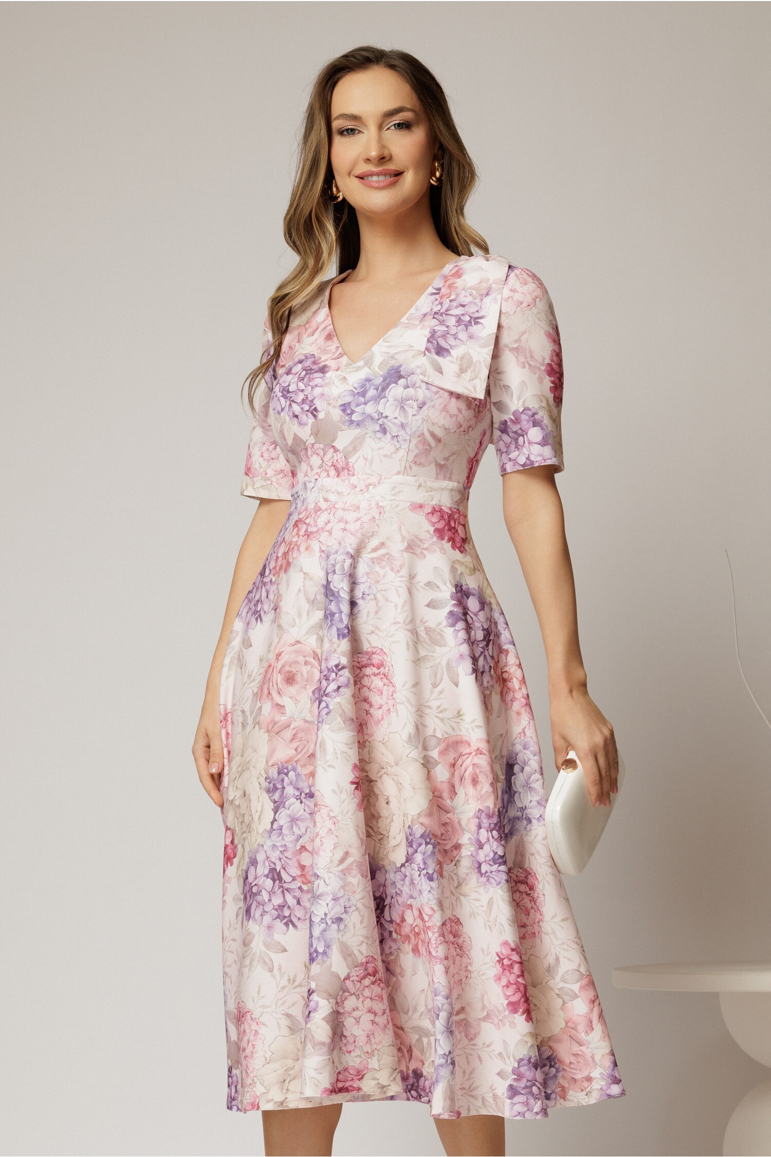 Rochie DY Fashion midi clos cu funda pe umar si print lila