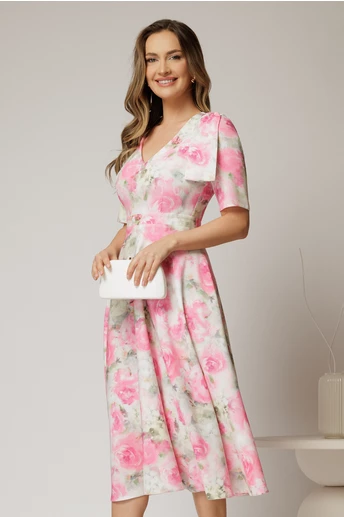 Rochie DY Fashion midi clos cu funda pe umar si print roz