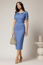Rochie DY Fashion midi conica albastra cu guler ascutit si curea in talie, 3, dyfashion.ro