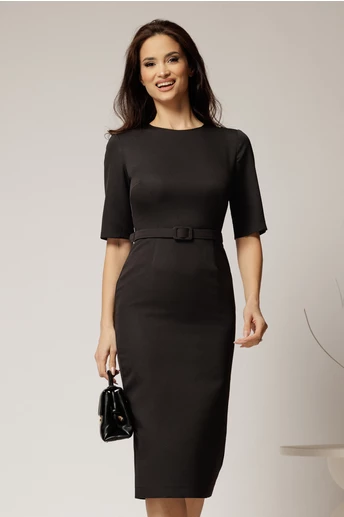 Rochie DY Fashion midi conica neagra cu decolteu rotund si curea in talie