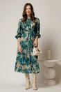 Rochie DY Fashion midi crem cu imprimeu turcoaz cu maneci bufante si curea in talie, 3, dyfashion.ro