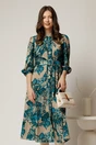Rochie DY Fashion midi crem cu imprimeu turcoaz cu maneci bufante si curea in talie, 1, dyfashion.ro