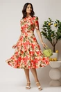 Rochie DY Fashion midi cu flori corai in clos din rayon si curea in talie, 3, dyfashion.ro