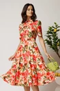Rochie DY Fashion midi cu flori corai in clos din rayon si curea in talie, 1, dyfashion.ro