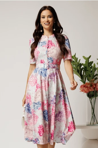 Rochie DY Fashion midi cu flori roz si bleu in clos din rayon