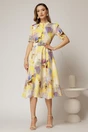 Rochie DY Fashion midi cu imprimeu galben in clos din triplu voal cu nasturi la bust si curea in talie, 3, dyfashion.ro