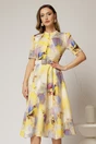 Rochie DY Fashion midi cu imprimeu galben in clos din triplu voal cu nasturi la bust si curea in talie, 1, dyfashion.ro