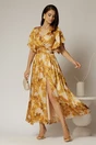 Rochie DY Fashion midi cu imprimeu galben mustar din voal satinat, 1, dyfashion.ro