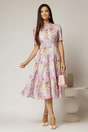 Rochie DY Fashion midi cu imprimeu lila in clos din triplu voal cu nasturi la bust si curea in talie, 3, dyfashion.ro