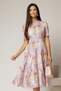 Rochie DY Fashion midi cu imprimeu lila in clos din triplu voal cu nasturi la bust si curea in talie, 1, dyfashion.ro