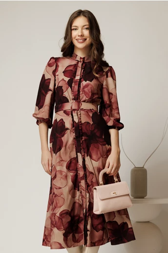 Rochie DY Fashion midi cu imprimeu magenta cu maneci bufante si curea in talie