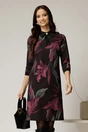Rochie DY Fashion midi cu imprimeu negru si mov cu guler tip camasa, 1, dyfashion.ro