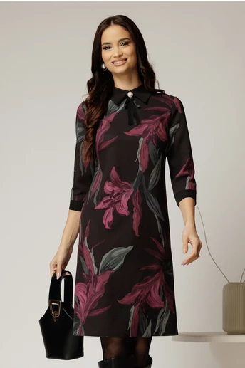 Rochie DY Fashion midi cu imprimeu negru si mov cu guler tip camasa