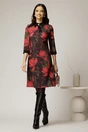 Rochie DY Fashion midi cu imprimeu negru si rosu cu guler tip camasa, 3, dyfashion.ro
