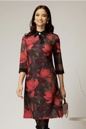 Rochie DY Fashion midi cu imprimeu negru si rosu cu guler tip camasa