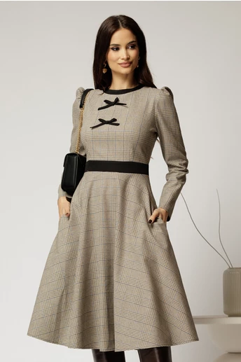Rochie DY Fashion midi, cu imprimeu pepit bej si fundite pe bust