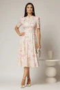 Rochie DY Fashion midi cu imprimeu roz in clos din triplu voal cu nasturi la bust si curea in talie, 3, dyfashion.ro