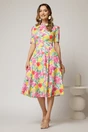 Rochie DY Fashion midi cu imprimeu roz si galben in clos din triplu voal cu nasturi la bust si curea in talie, 3, dyfashion.ro