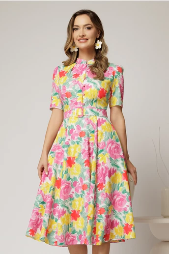 Rochie DY Fashion midi cu imprimeu roz si galben in clos din triplu voal cu nasturi la bust si curea in talie