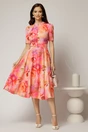 Rochie DY Fashion midi cu print cu bujori corai in clos din triplu voal cu nasturi la bust si curea in talie, 3, dyfashion.ro