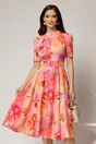 Rochie DY Fashion midi cu print cu bujori corai in clos din triplu voal cu nasturi la bust si curea in talie, 1, dyfashion.ro