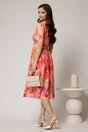 Rochie DY Fashion midi cu print cu bujori corai in clos din triplu voal cu nasturi la bust si curea in talie, 2, dyfashion.ro