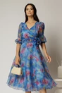 Rochie DY Fashion midi din organza cu imprimeuri albastre, 1, dyfashion.ro