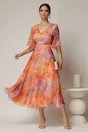 Rochie DY Fashion midi din organza cu imprimeuri corai si oranj, 3, dyfashion.ro