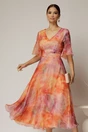 Rochie DY Fashion midi din organza cu imprimeuri corai si oranj, 1, dyfashion.ro
