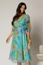 Rochie DY Fashion midi din organza cu imprimeuri turcoaz, 1, dyfashion.ro