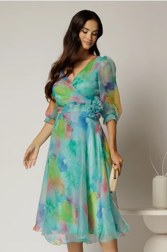Rochie DY Fashion midi din organza cu imprimeuri turcoaz