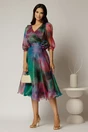 Rochie DY Fashion midi din organza cu imprimeuri verde fucsia, 3, dyfashion.ro