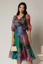 Rochie DY Fashion midi din organza cu imprimeuri verde fucsia, 1, dyfashion.ro
