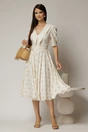 Rochie DY Fashion midi din triplu voal cu buline si guler ascutit si nasturi la maneci, 3, dyfashion.ro