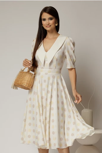 Rochie DY Fashion midi din triplu voal cu buline si guler ascutit si nasturi la maneci