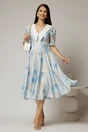 Rochie DY Fashion midi din triplu voal cu imprimeuri albastre bej si guler ascutit si nasturi la maneci, 3, dyfashion.ro