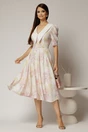Rochie DY Fashion midi din triplu voal cu print roz galben si guler ascutit si nasturi la maneci, 3, dyfashion.ro