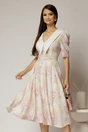Rochie DY Fashion midi din triplu voal cu print roz galben si guler ascutit si nasturi la maneci, 1, dyfashion.ro