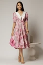 Rochie DY Fashion midi din triplu voal cu print roz si guler ascutit si nasturi la maneci, 3, dyfashion.ro