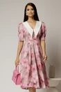 Rochie DY Fashion midi din triplu voal cu print roz si guler ascutit si nasturi la maneci, 1, dyfashion.ro