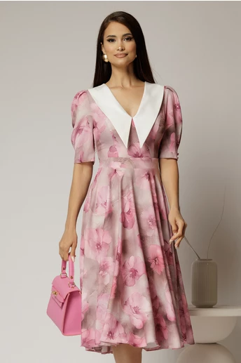 Rochie DY Fashion midi din triplu voal cu print roz si guler ascutit si nasturi la maneci