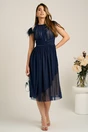 Rochie DY Fashion midi din tull bleumarin in clos cu pene la umeri, 1, dyfashion.ro