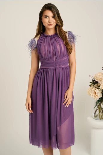 Rochie DY Fashion midi din tull mov in clos cu pene la umeri