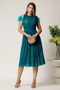 Rochie DY Fashion midi din tull turcoaz in clos cu pene la umeri, 3, dyfashion.ro