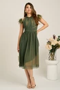 Rochie DY Fashion midi din tull verde olive in clos cu pene la umeri, 3, dyfashion.ro